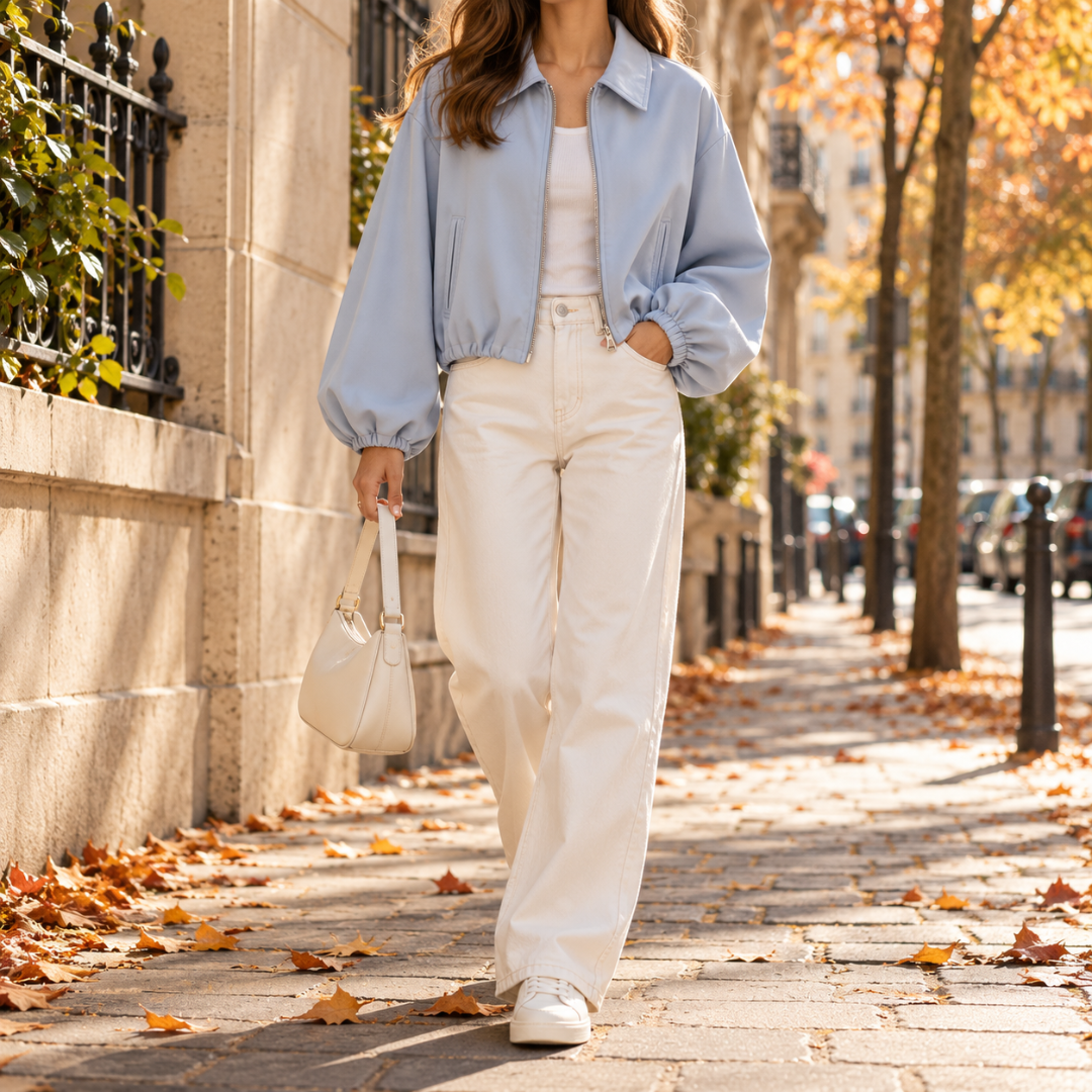 Blouson court bleu clair à glissière argentée et manches amples élastiquées