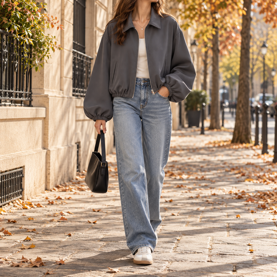 Blouson femme court gris à glissière centrale et taille élastiquée