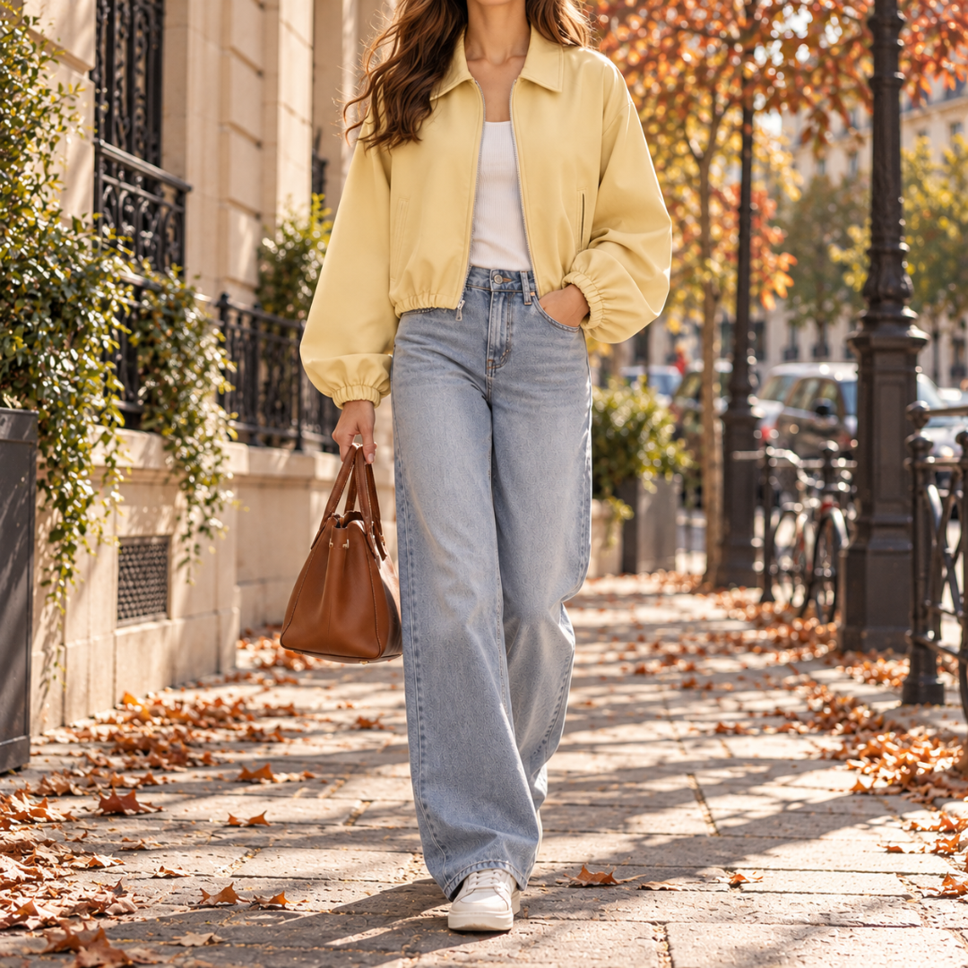 Blouson femme court jaune à col chemise porté ouvert sur un top blanc