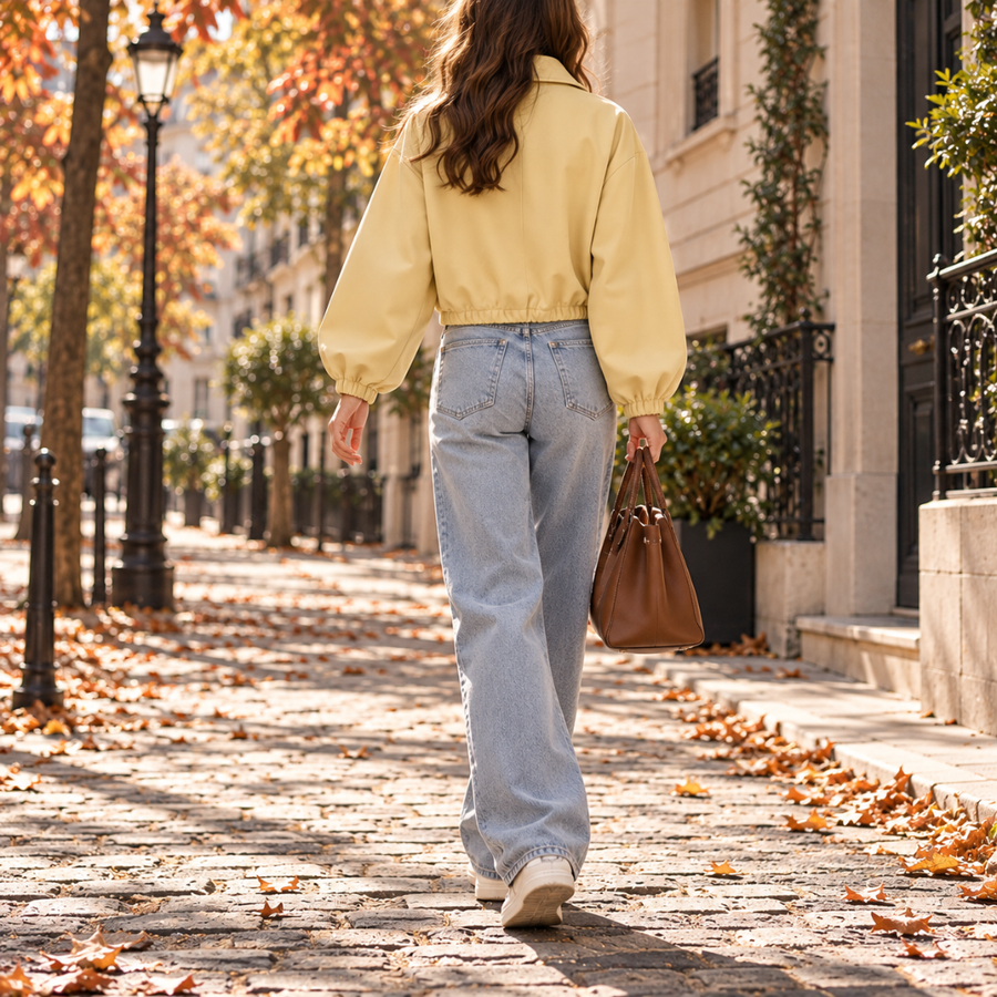 Dos du blouson jaune court montrant la taille élastiquée et les manches amples