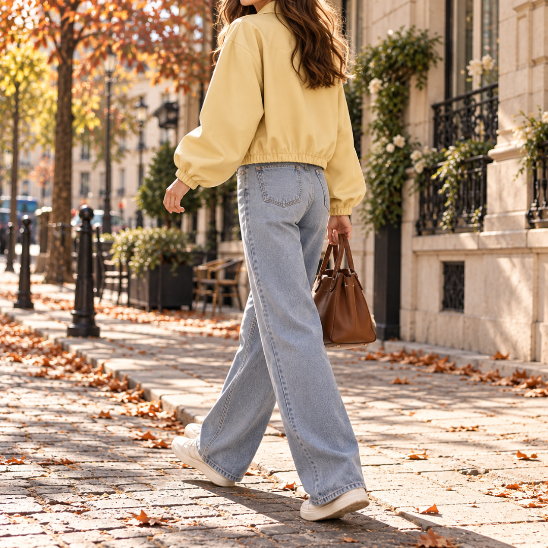 Vue arrière du blouson femme jaune court à bas resserré sur la taille
