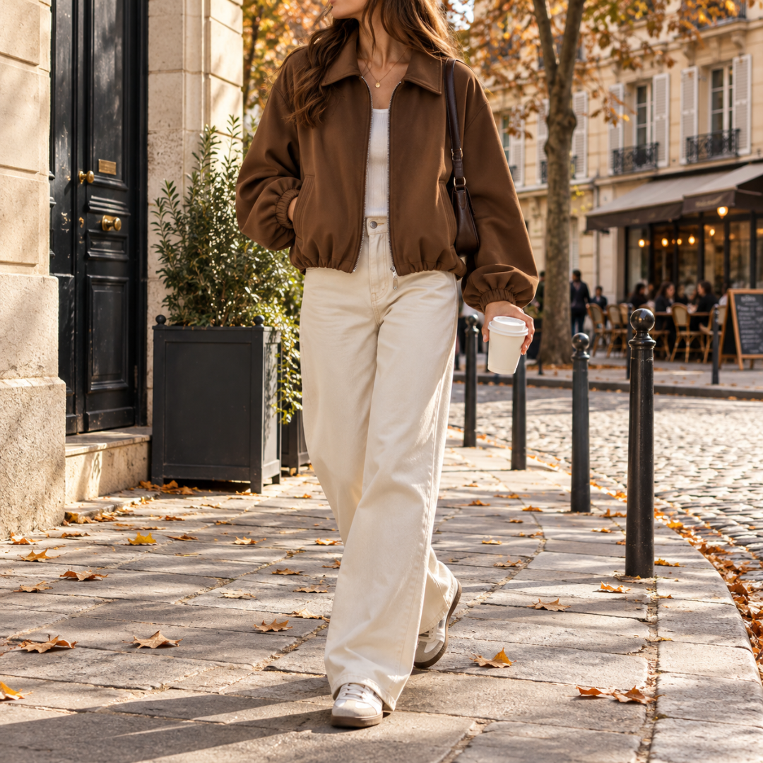 Blouson court marron foncé à fermeture zippée et bas resserré élastiqué
