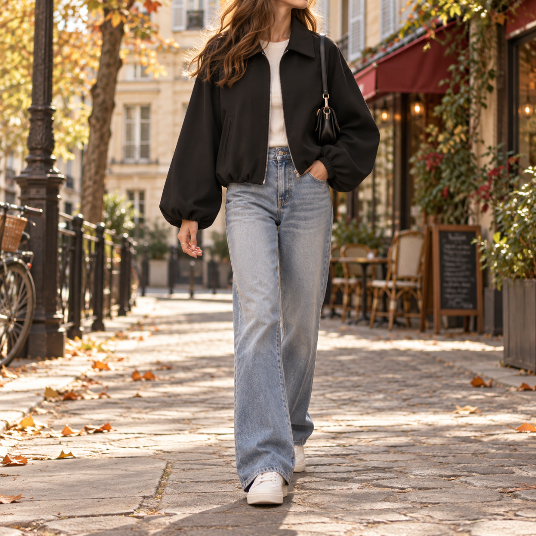 Blouson femme court noir à col chemise, glissière et manches ballon