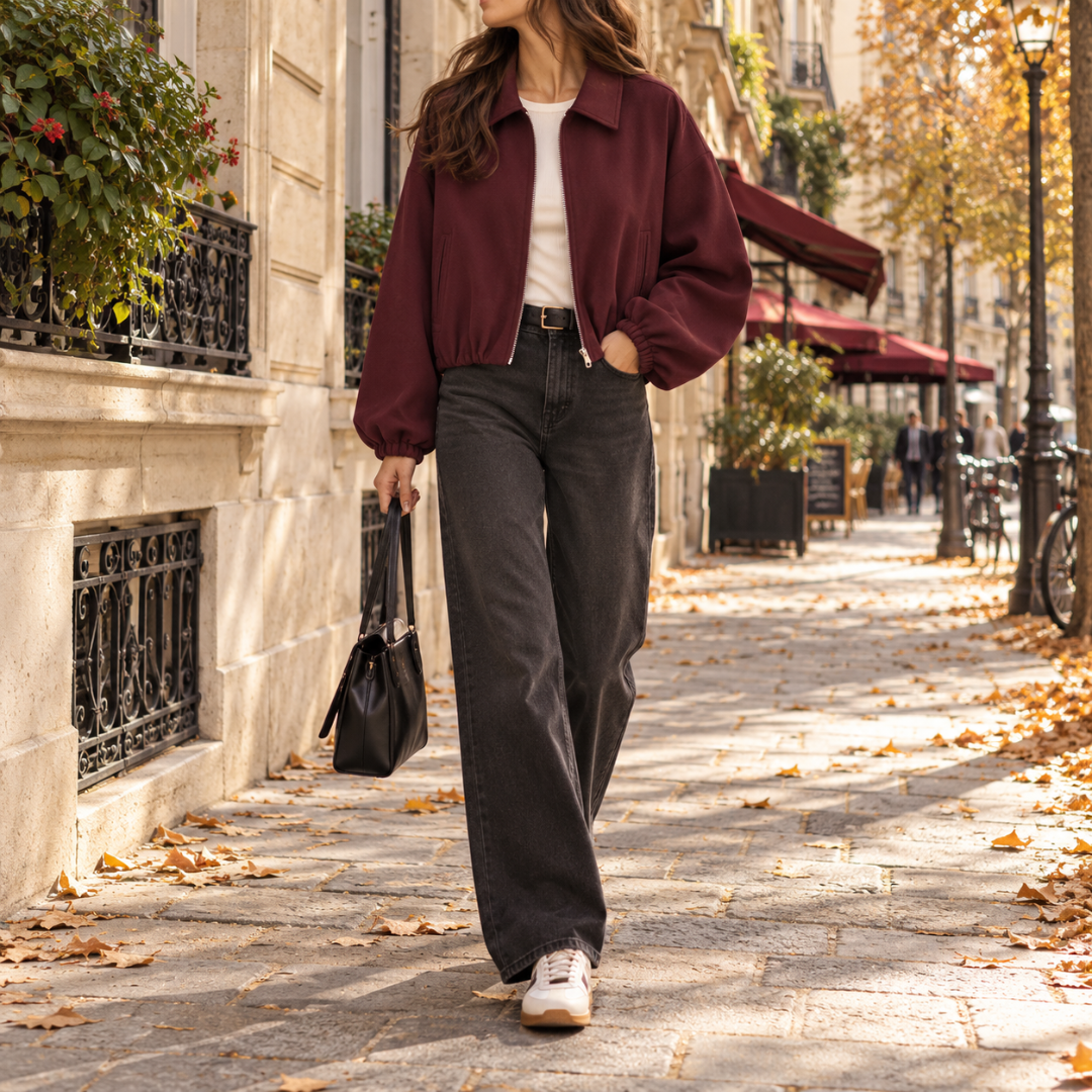Blouson court rouge profond à col chemise ouvert et poignets élastiqués