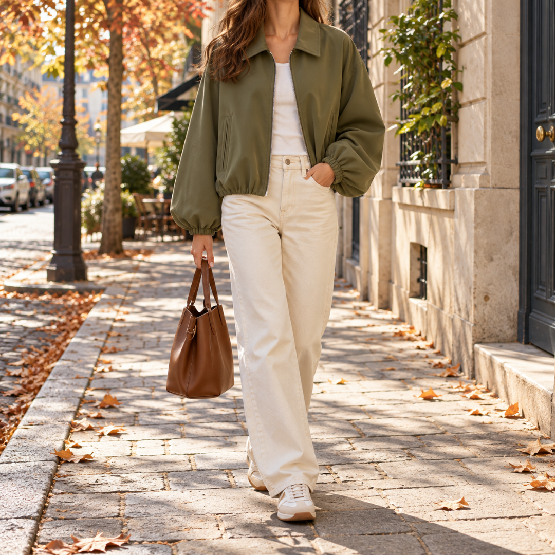 Blouson femme court vert armée à col chemise et poches passepoilées devant