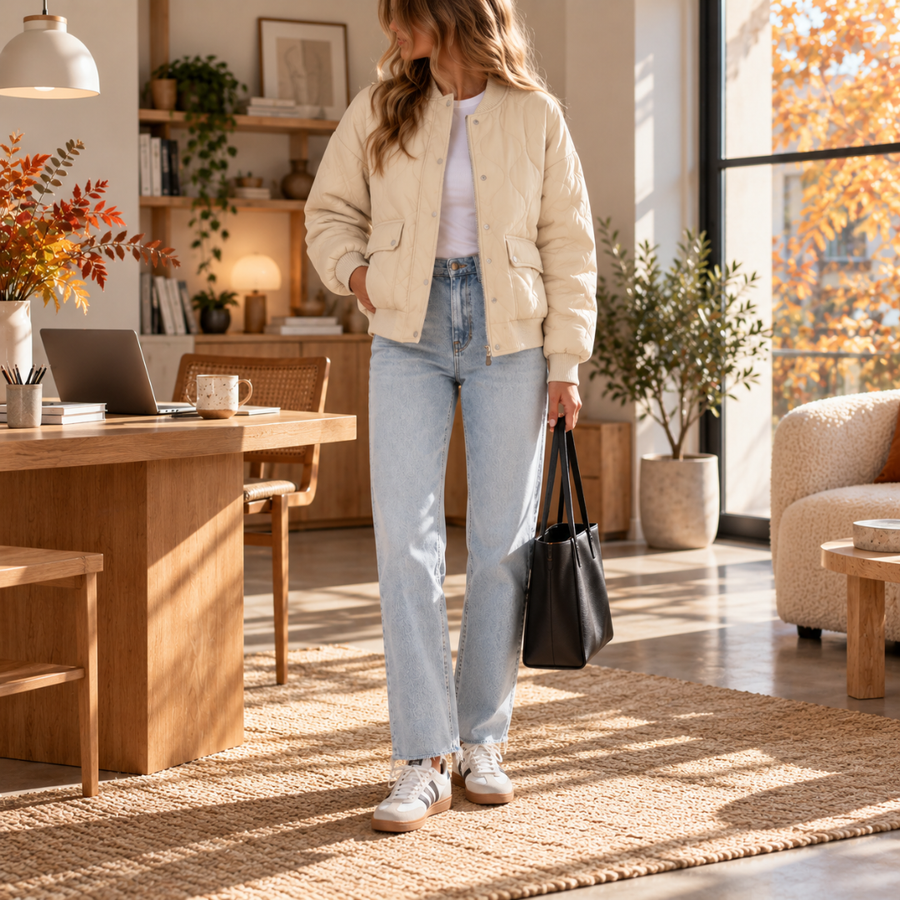 Blouson bombardier femme blanc matelassé, col côtelé et boutons-pression, porté ouvert sur pantalon clair