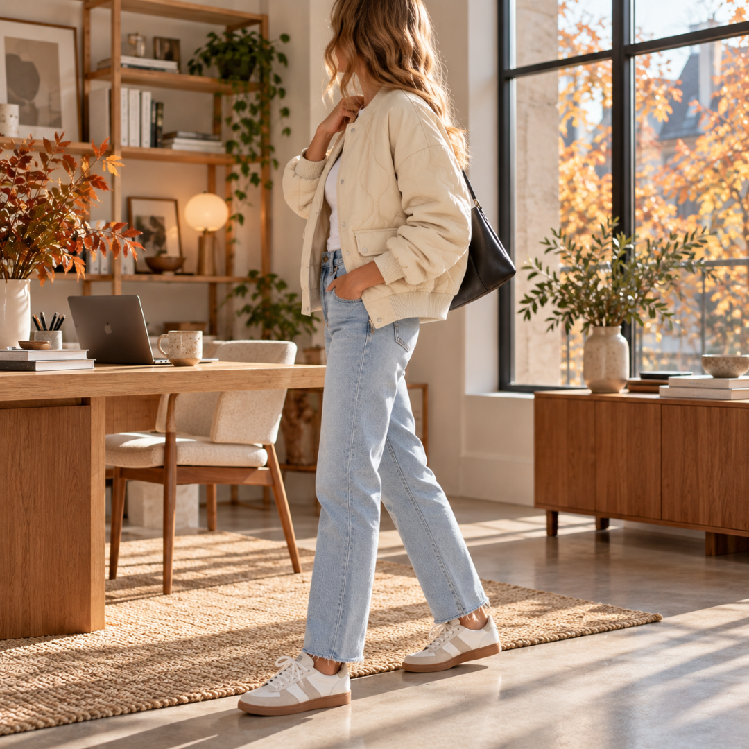Blouson bombardier blanc matelassé de profil, poignets côtelés et coupe courte sur pantalon clair