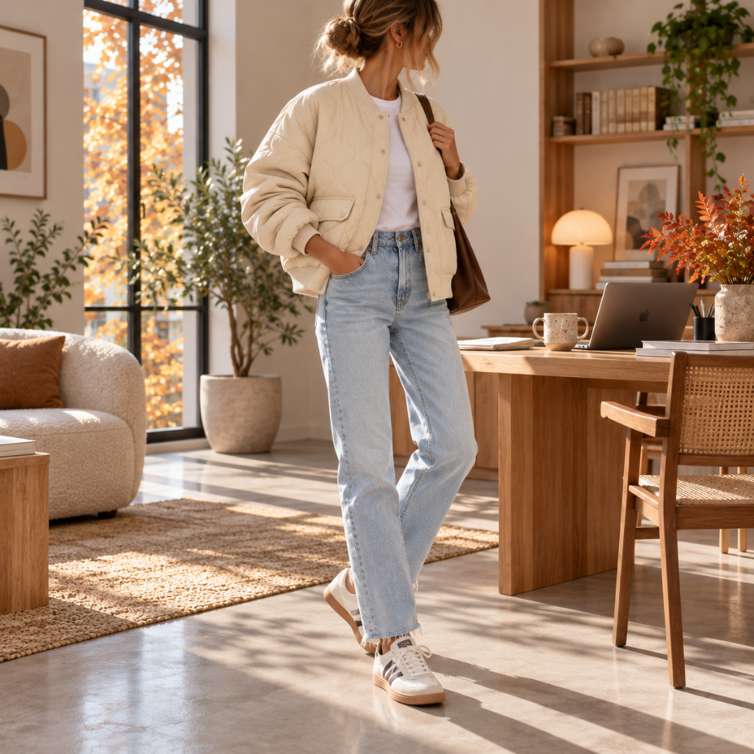Blouson femme blanc matelassé ouvert, poches à rabat visibles sur le devant