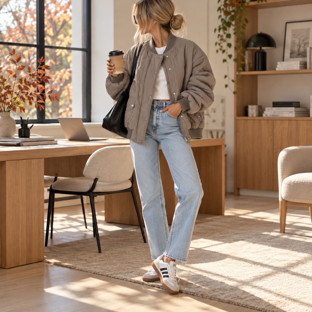 Blouson bombardier femme camel matelassé, col côtelé et fermeture à boutons-pression
