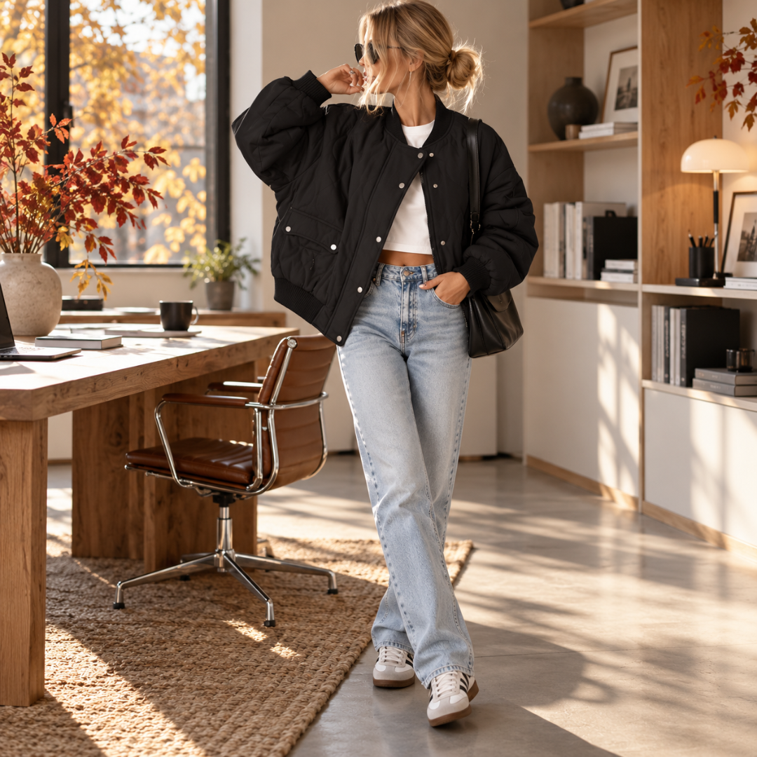 Blouson bombardier femme noir matelassé porté ouvert, bas côtelé et poches à rabat