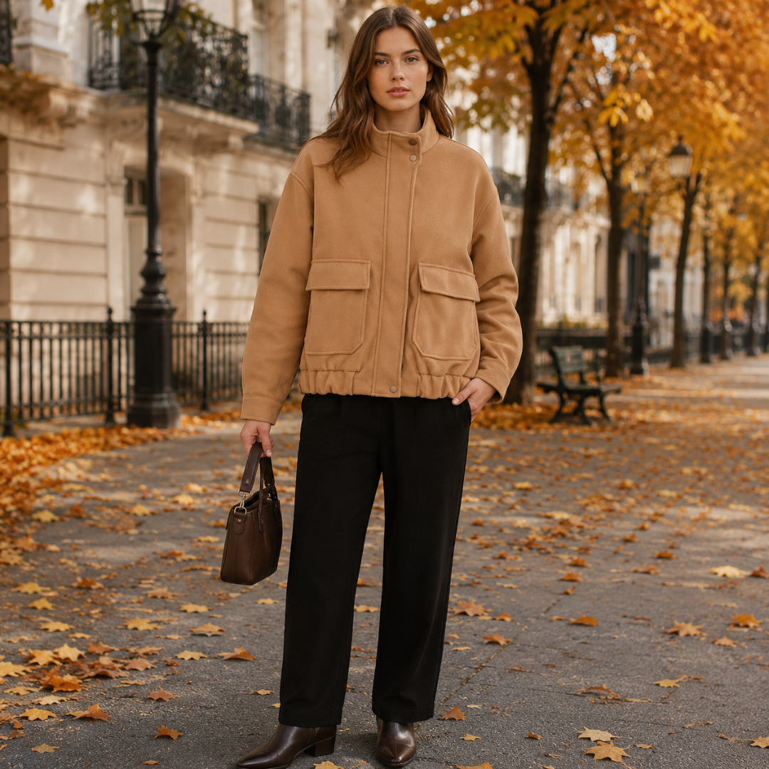 Blouson camel oversize à col montant boutonné, porté avec un pantalon noir large