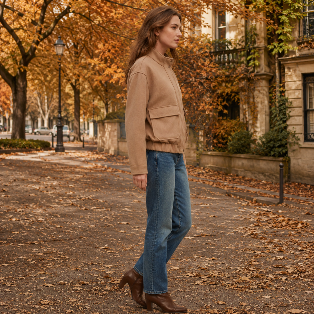Profil du blouson camel, manche ample et base élastiquée, associé à un pantalon bleu
