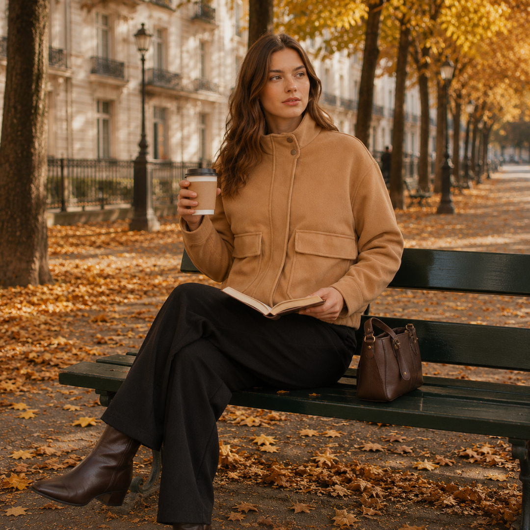 Blouson camel porté par une femme assise sur un banc, poches à rabat visibles