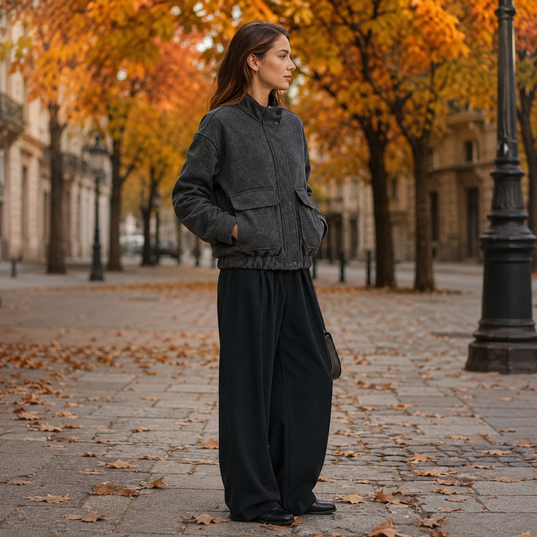 Blouson gris foncé de profil, col montant et base élastiquée, silhouette ample