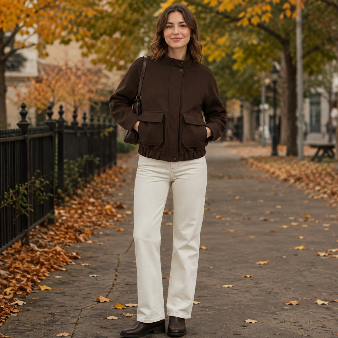 Blouson marron oversize fermé par boutons-pression, porté avec un pantalon crème