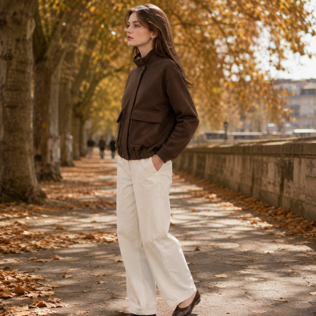 Blouson marron vu de profil, col montant relevé et volume ample des manches