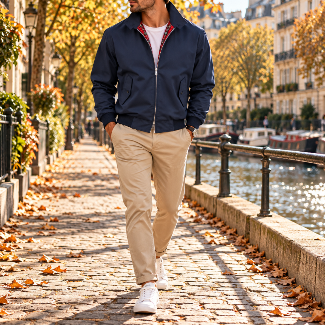 Blouson Harrington homme bleu marine à fermeture zippée et intérieur à carreaux