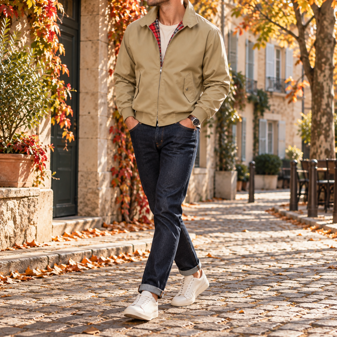 Blouson Harrington homme kaki porté ouvert, intérieur à carreaux rouges visible au col
