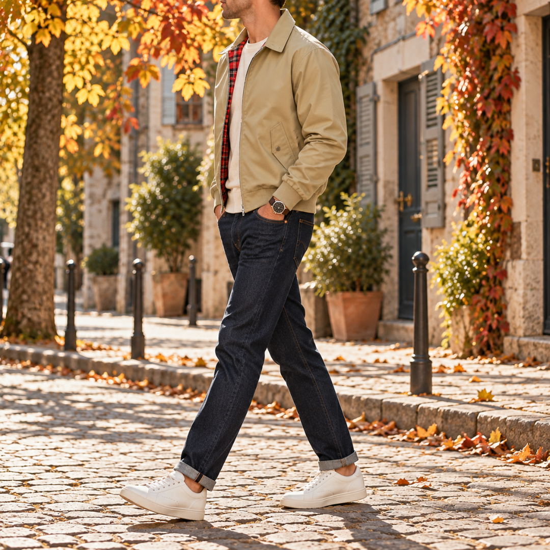 Blouson homme kaki de profil, bords-côtes à la taille et poche à rabat boutonné