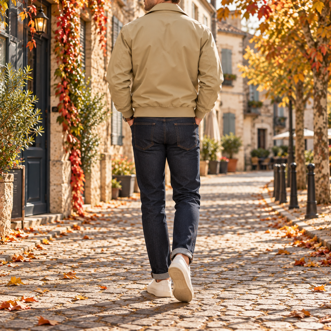Dos du blouson Harrington homme kaki, bord-côte à la taille et manches longues