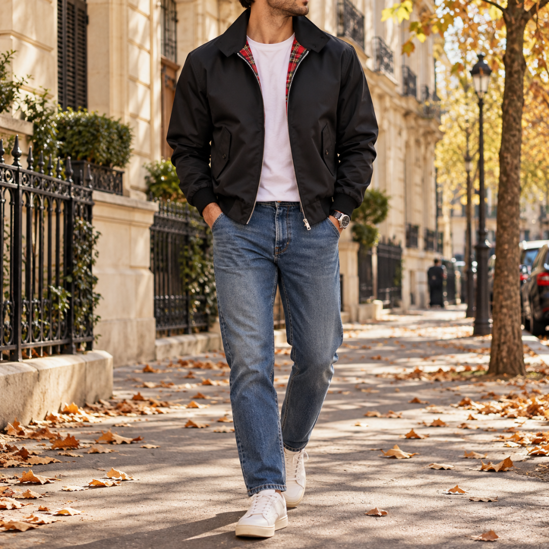 Blouson Harrington homme noir avec col chemise et doublure à carreaux rouges apparente
