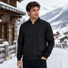 Blouson homme noir de face, fermeture zippée et bords côtes contrastés