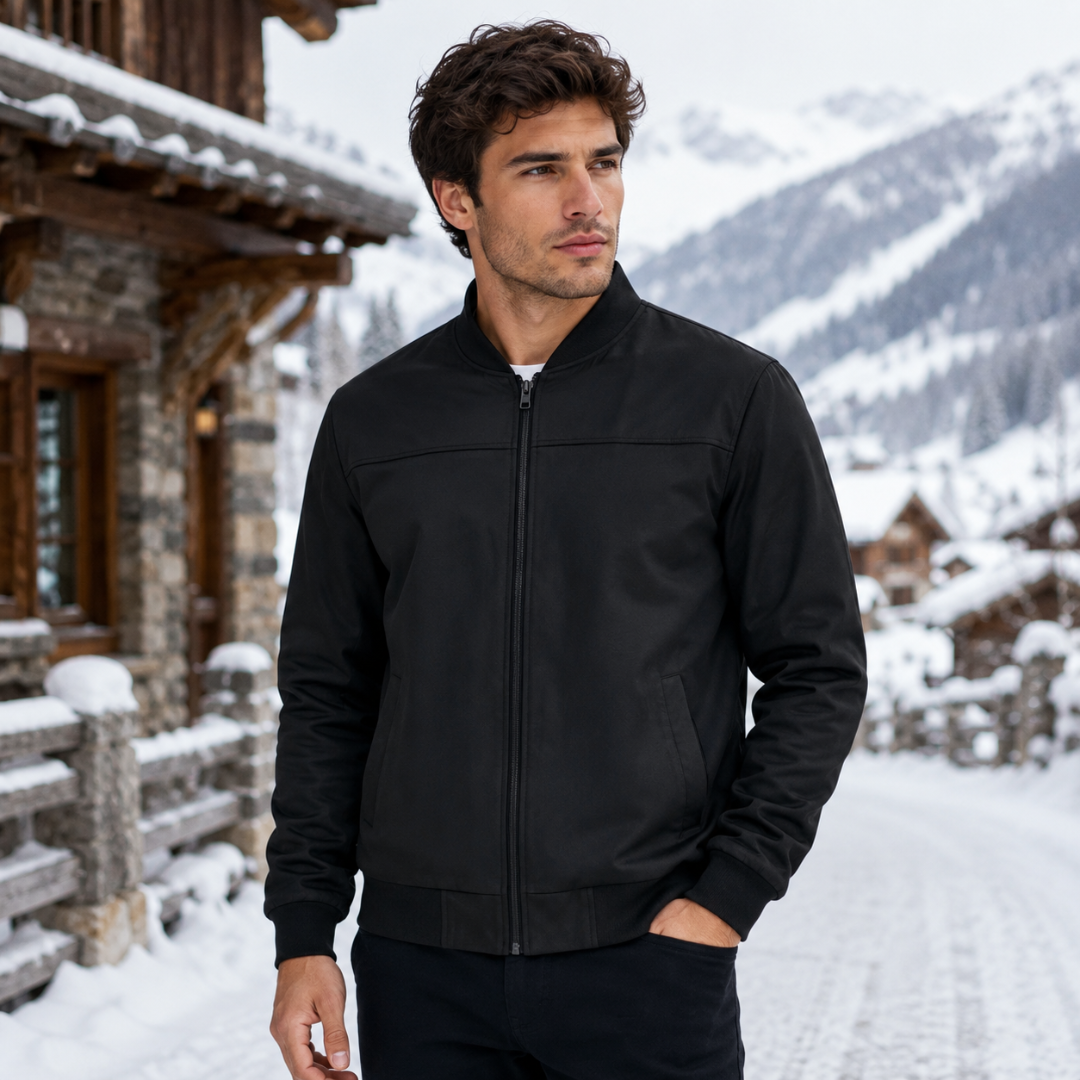 Blouson homme noir de face, fermeture zippée et bords côtes contrastés