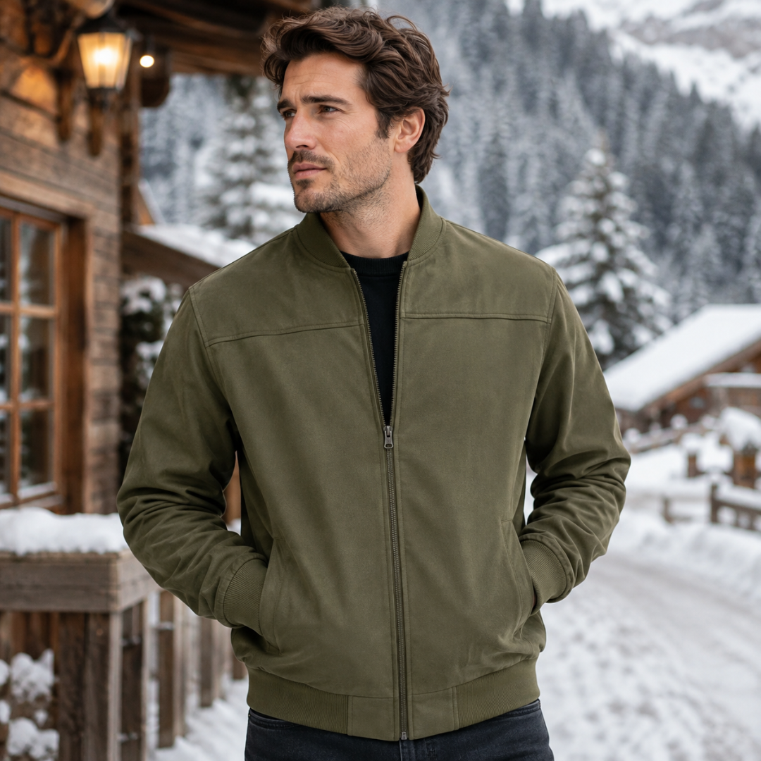 Blouson homme vert olive avec zip central et découpe horizontale sur la poitrine