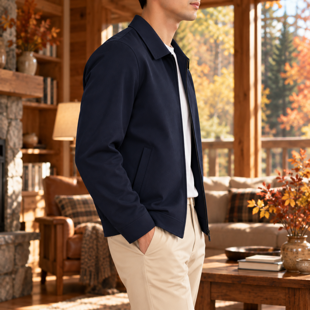 Vue de profil du blouson homme bleu foncé, col chemise et poche passepoilée