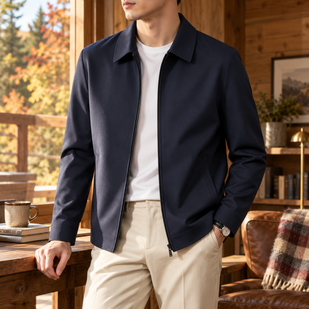 Blouson homme bleu marine à zip, col chemise et poches passepoilées à la taille