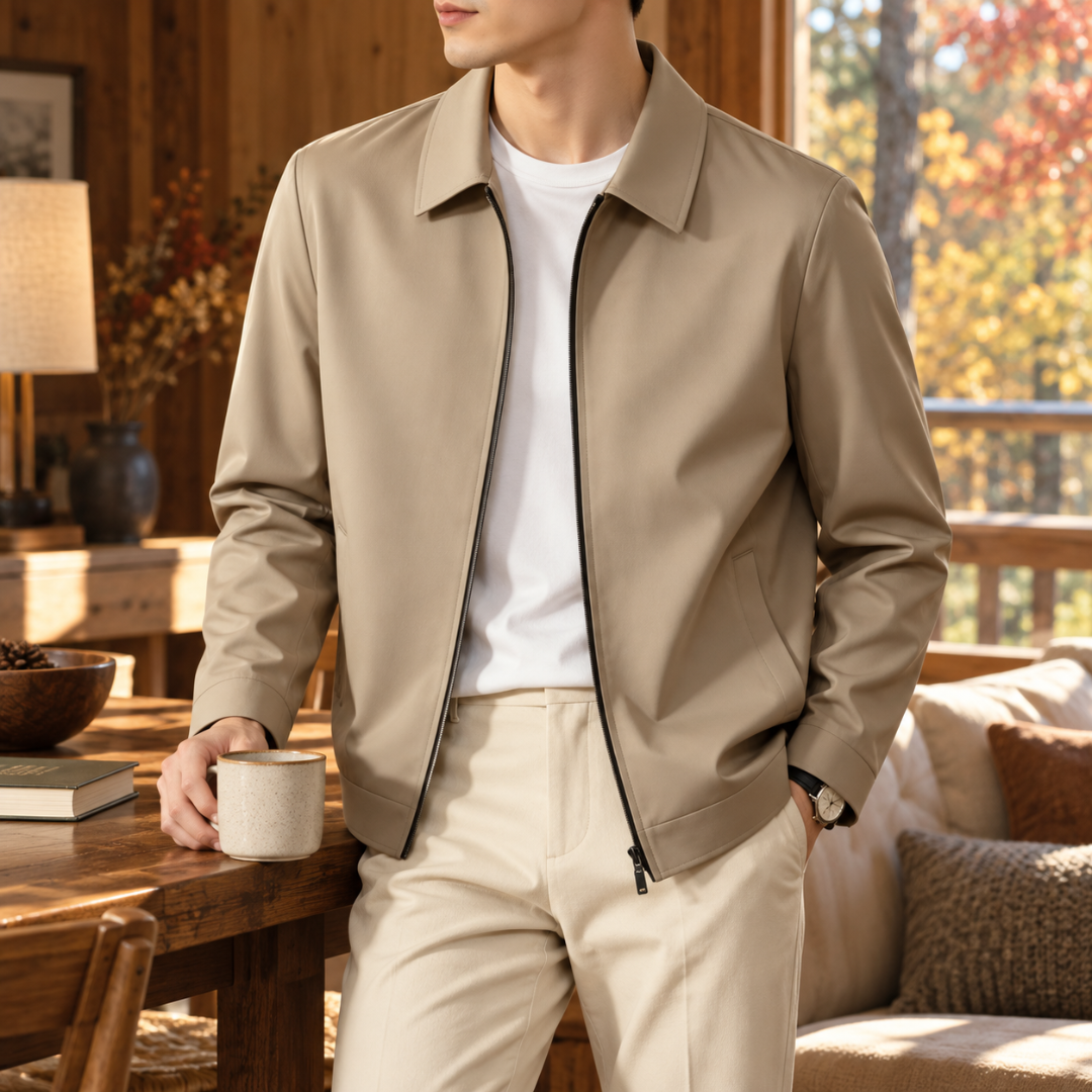 Blouson homme kaki clair à col chemise et fermeture zippée, porté ouvert