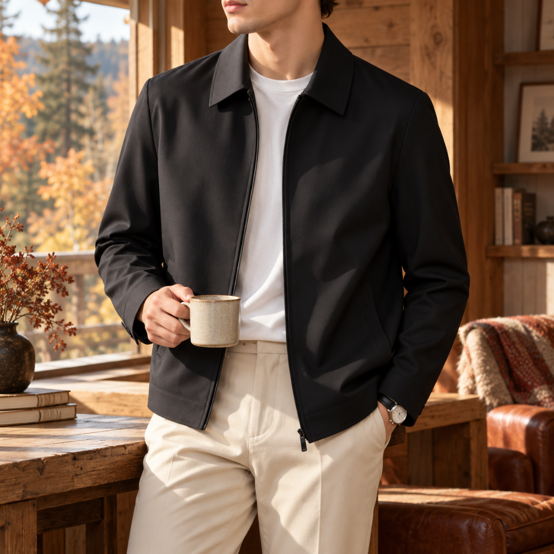 Blouson homme noir à col chemise rabattu et zip, porté sur un T-shirt blanc