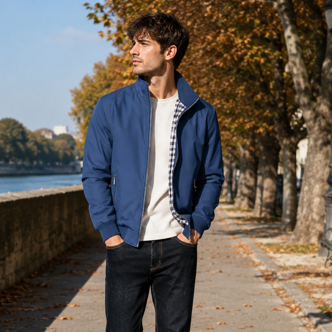 Blouson homme bleu foncé à col montant, poche zippée sur le côté