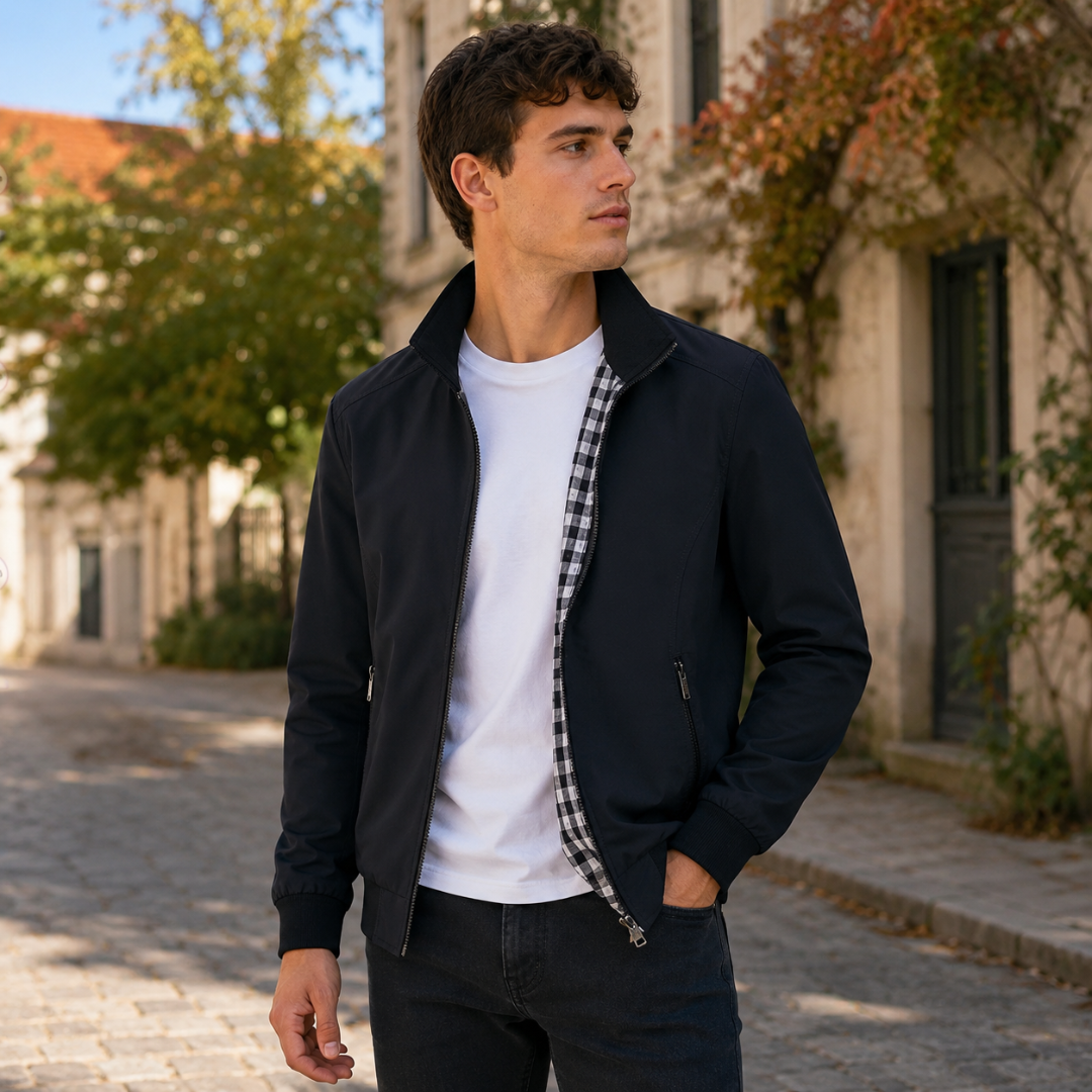 Blouson homme noir zippé à col montant et bords côtes aux poignets