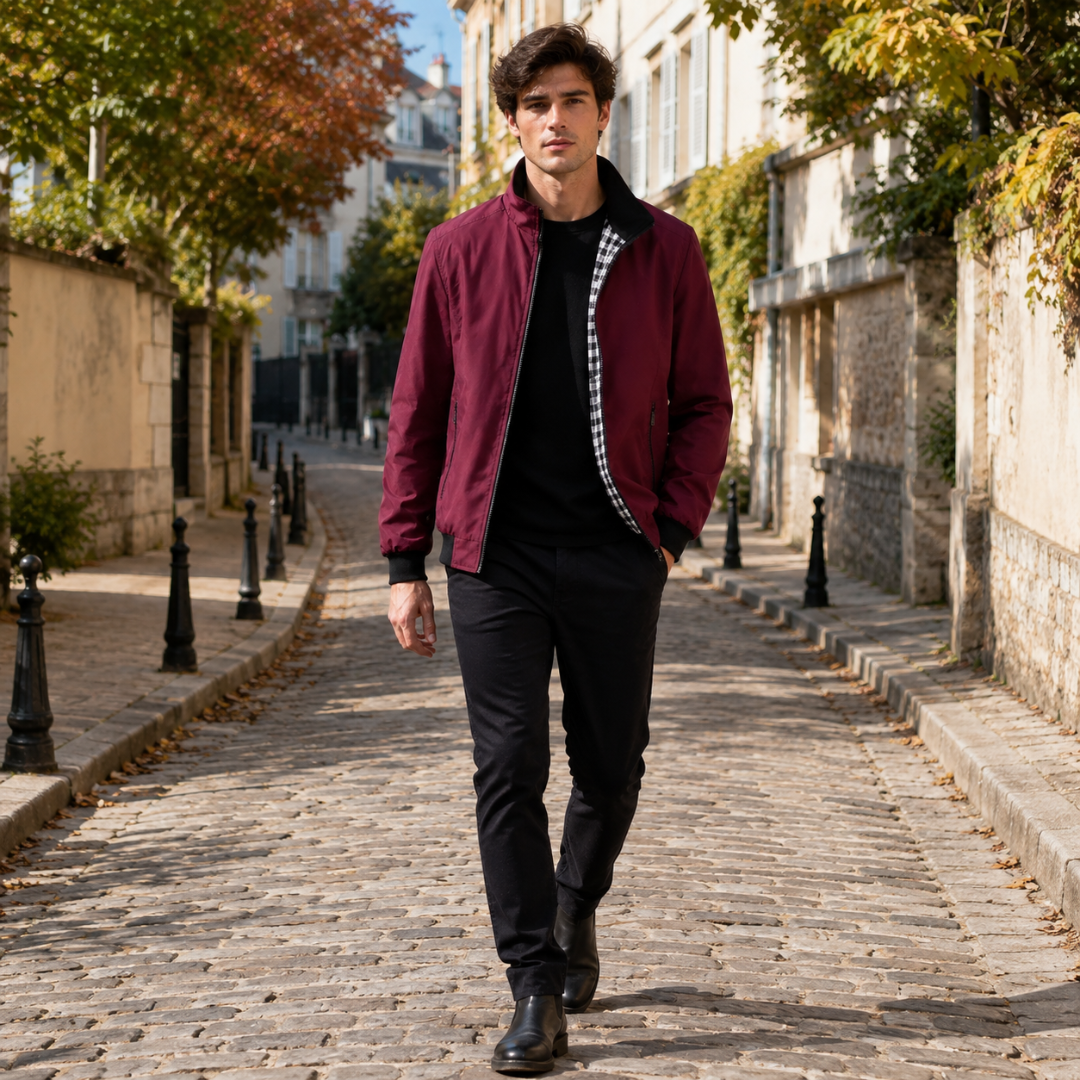 Blouson homme rouge à col montant porté ouvert sur un pull noir en ville