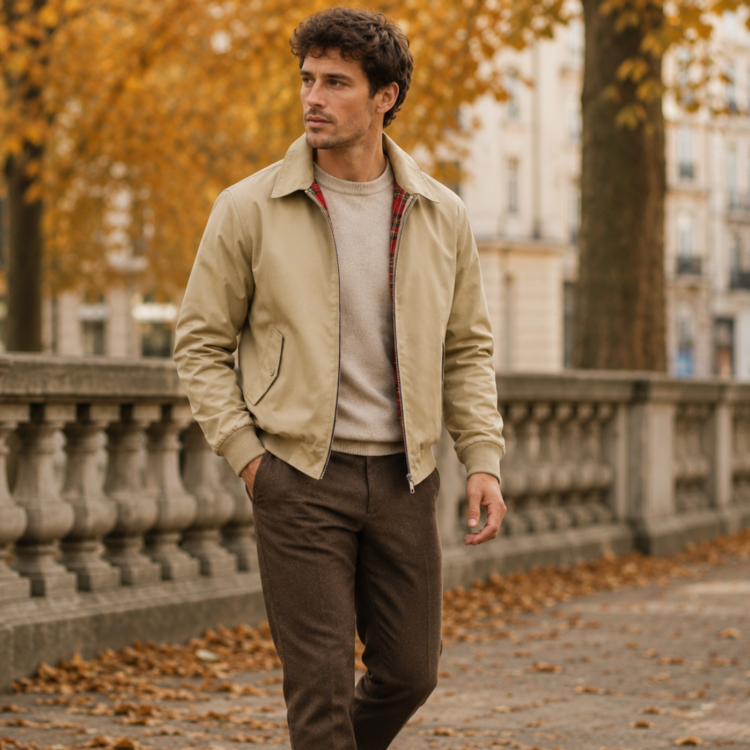 Homme en marche portant le blouson beige court à col chemise, en extérieur automnal