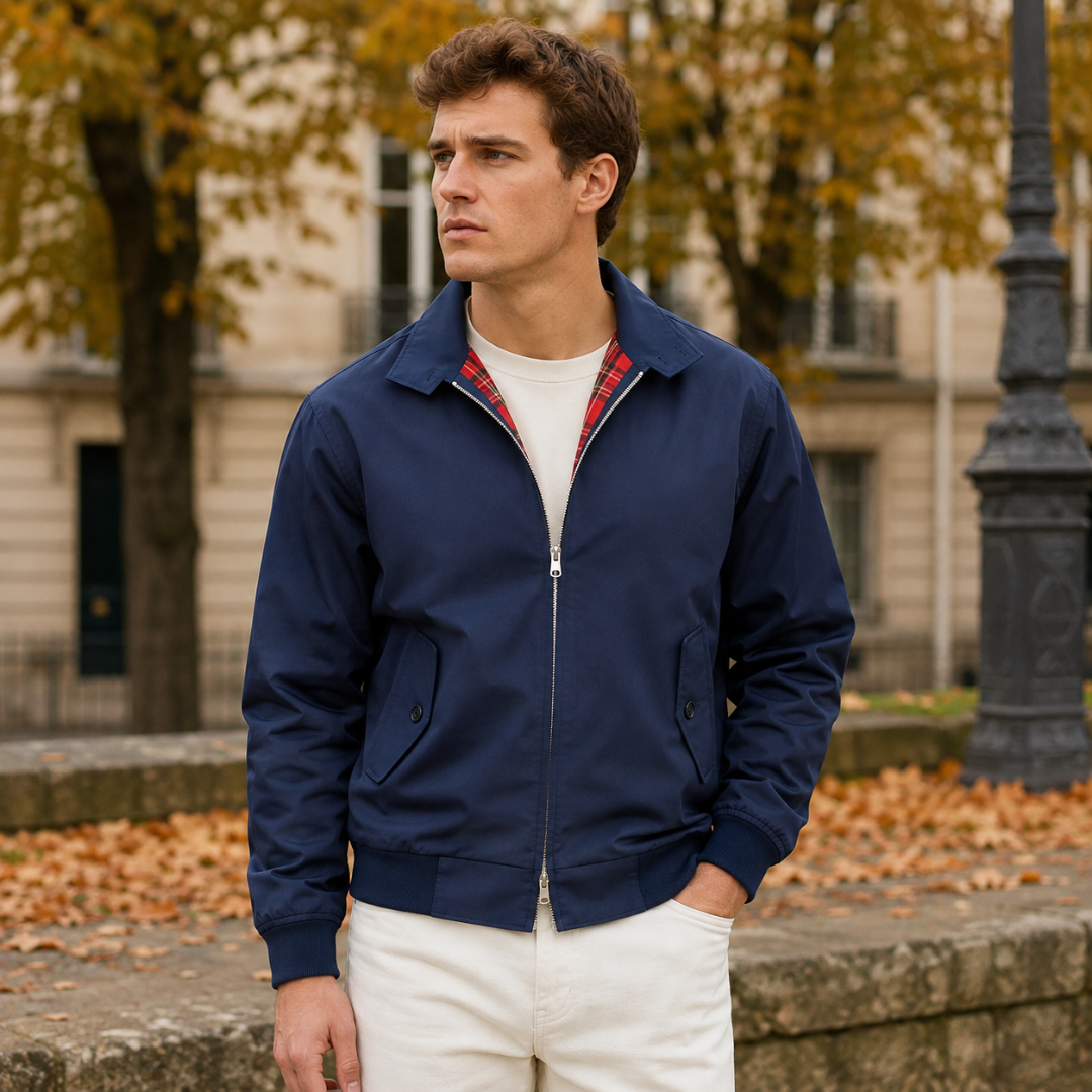 Blouson homme bleu marine zippé, col chemise ouvert sur doublure à carreaux rouges