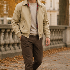 Homme en marche portant le blouson Harrington beige, coupe courte et taille élastiquée