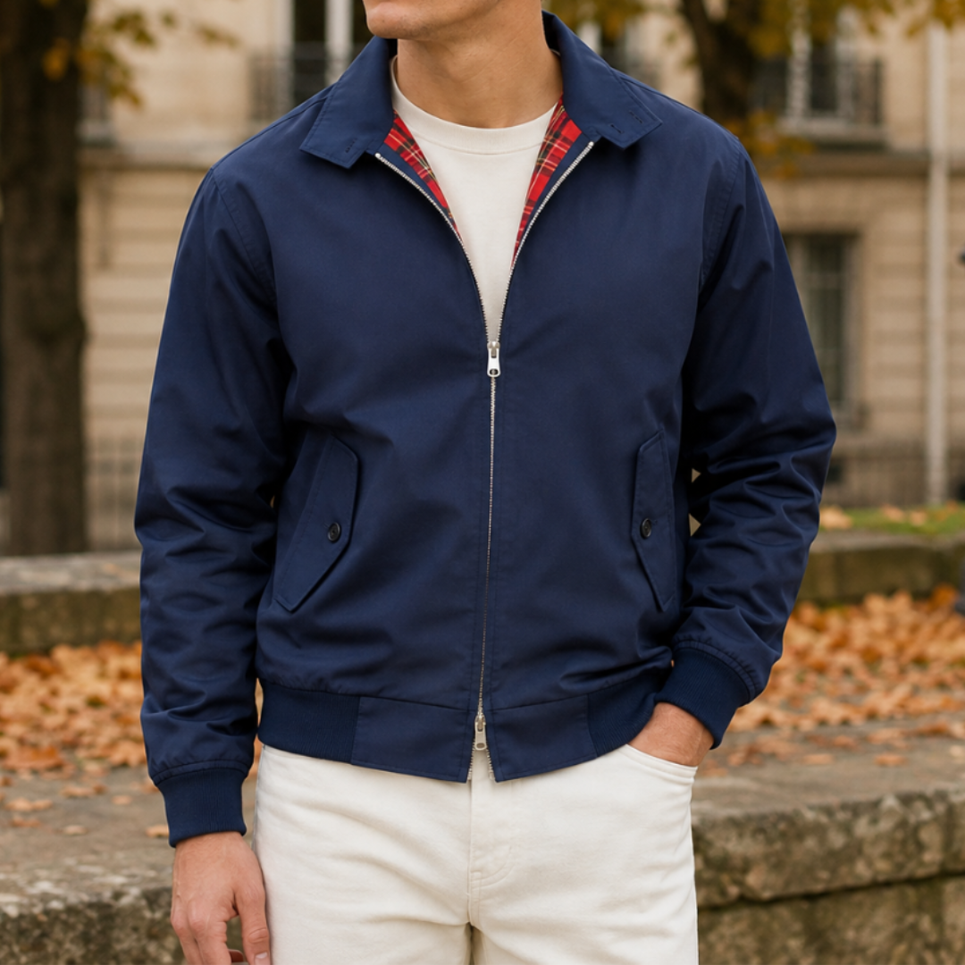 Blouson Harrington homme bleu marine zippé, doublure tartan rouge visible au col
