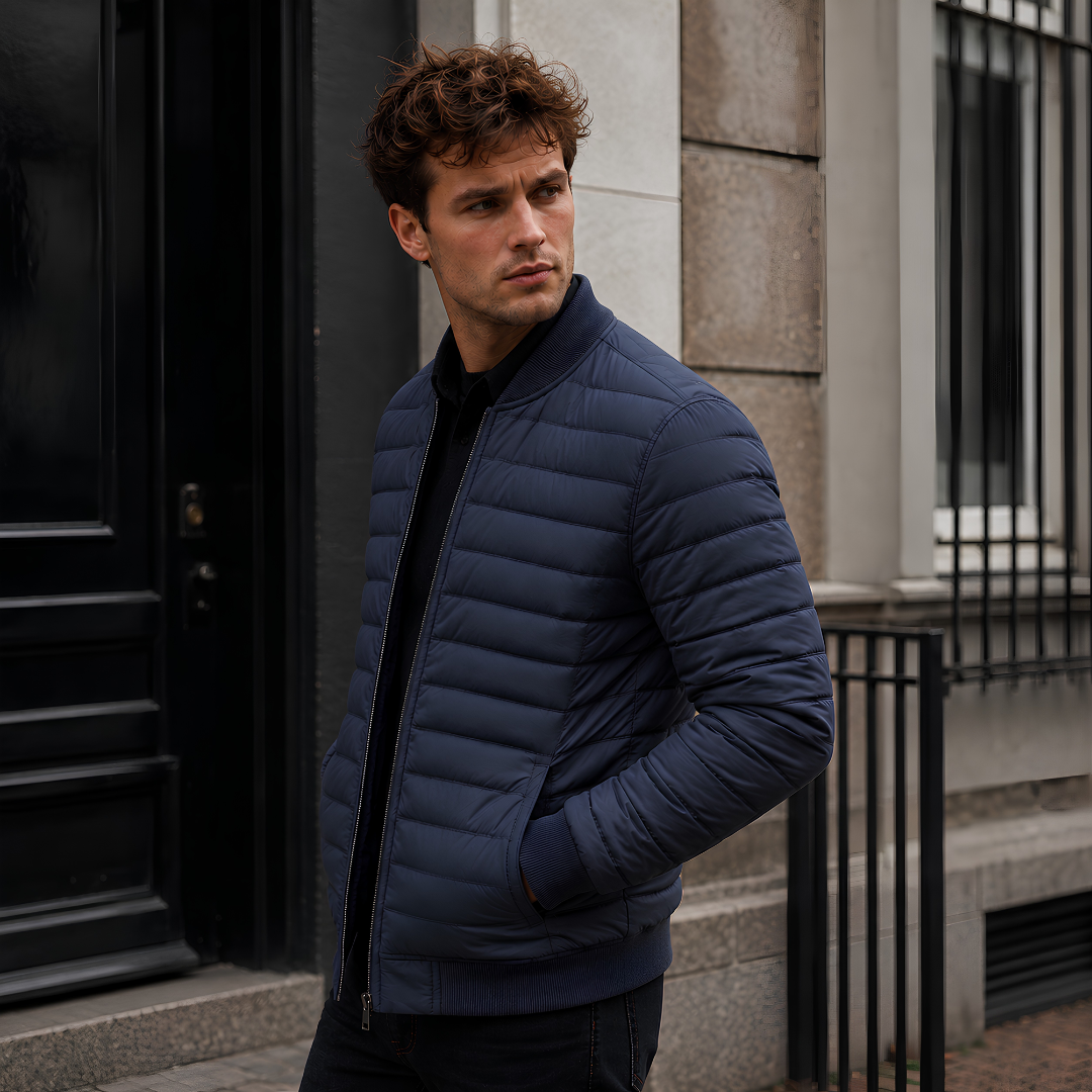 Blouson homme bleu matelassé de profil, poignets côtelés et col montant