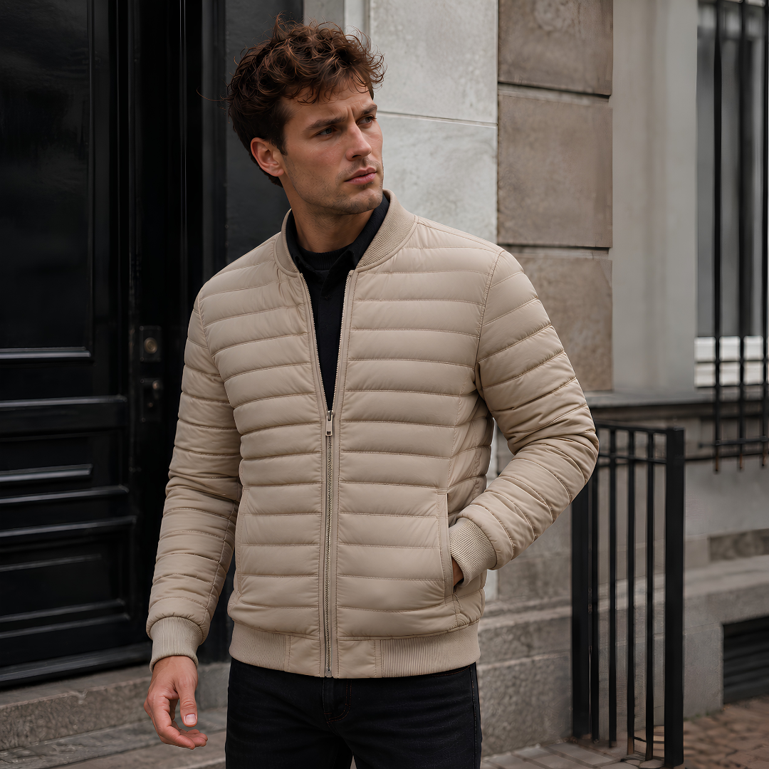 Blouson homme matelassé kaki clair, poches latérales et bas côtelé