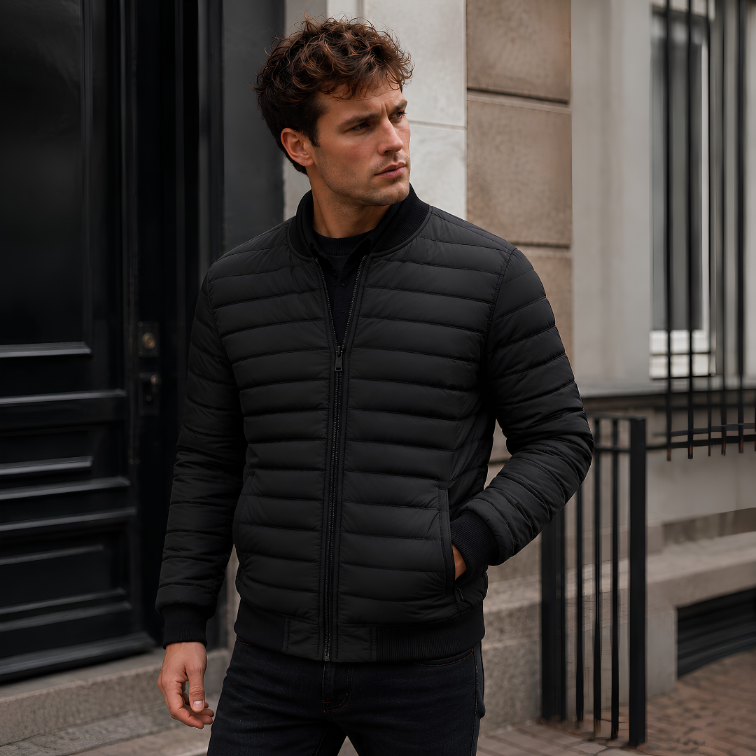 Blouson homme matelassé noir avec col montant côtelé et zip apparent