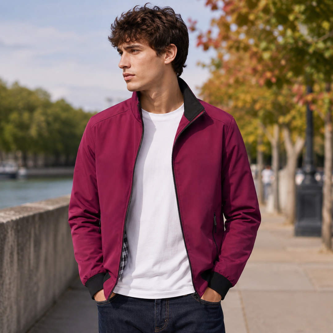 Blouson homme rouge avec poche latérale zippée et poignets côtelés noirs
