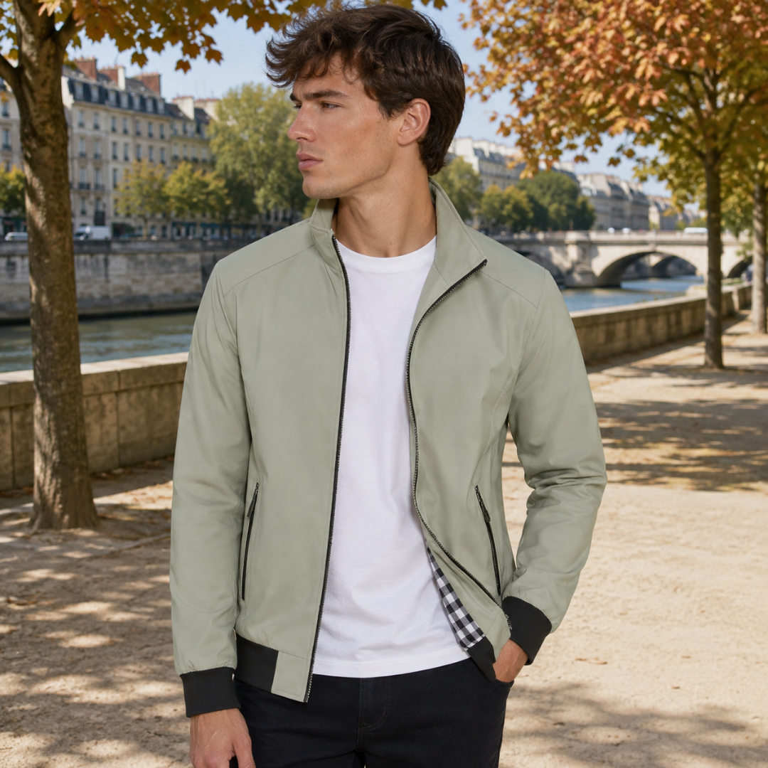 Blouson homme vert ouvert avec deux poches zippées et bas côtelé noir