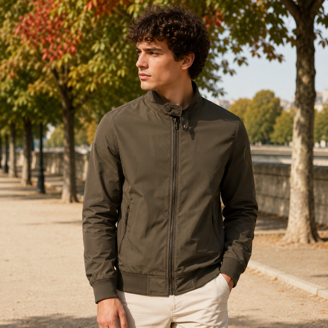 Blouson homme marron zippé avec deux poches zippées et bas côtelé