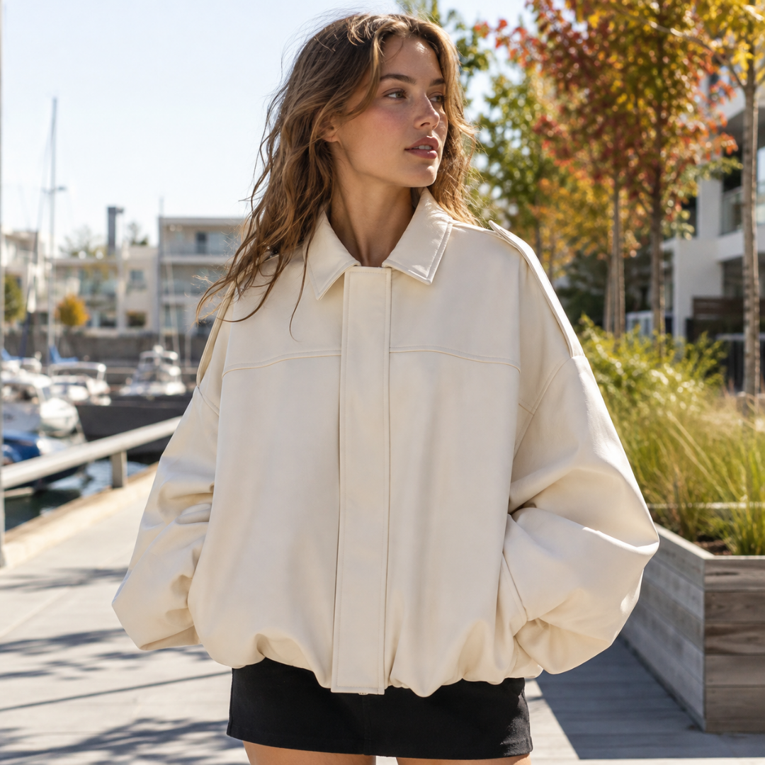 Bomber femme oversize blanc crème à col chemise et patte de boutonnage dissimulée