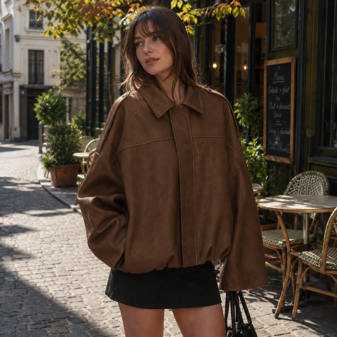 Bomber femme marron à découpes horizontales sur le buste et manches larges