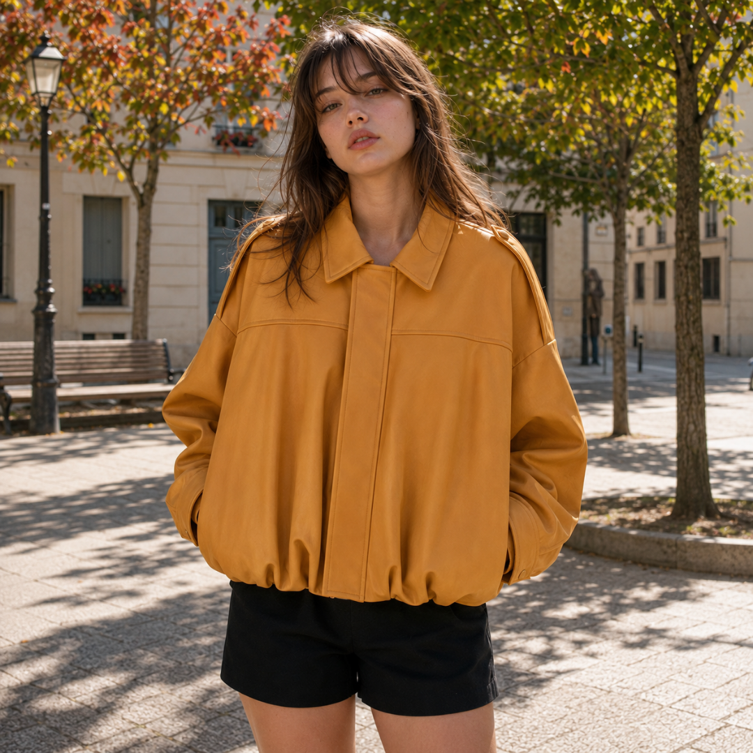 Bomber femme orange ambré à col chemise, coupe ample et bas resserré