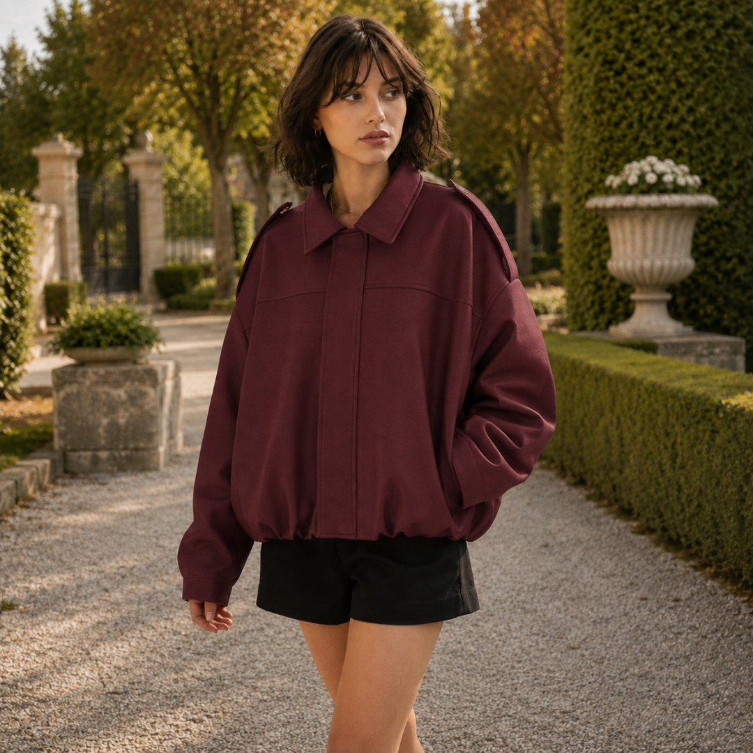 Bomber femme oversize rouge profond à col chemise et fermeture dissimulée, porté ouvert