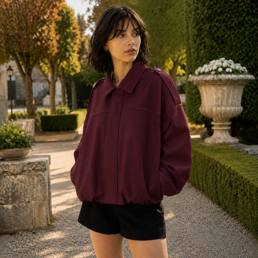 Bomber rouge femme avec patte d'épaule boutonnée et découpe horizontale sur le buste